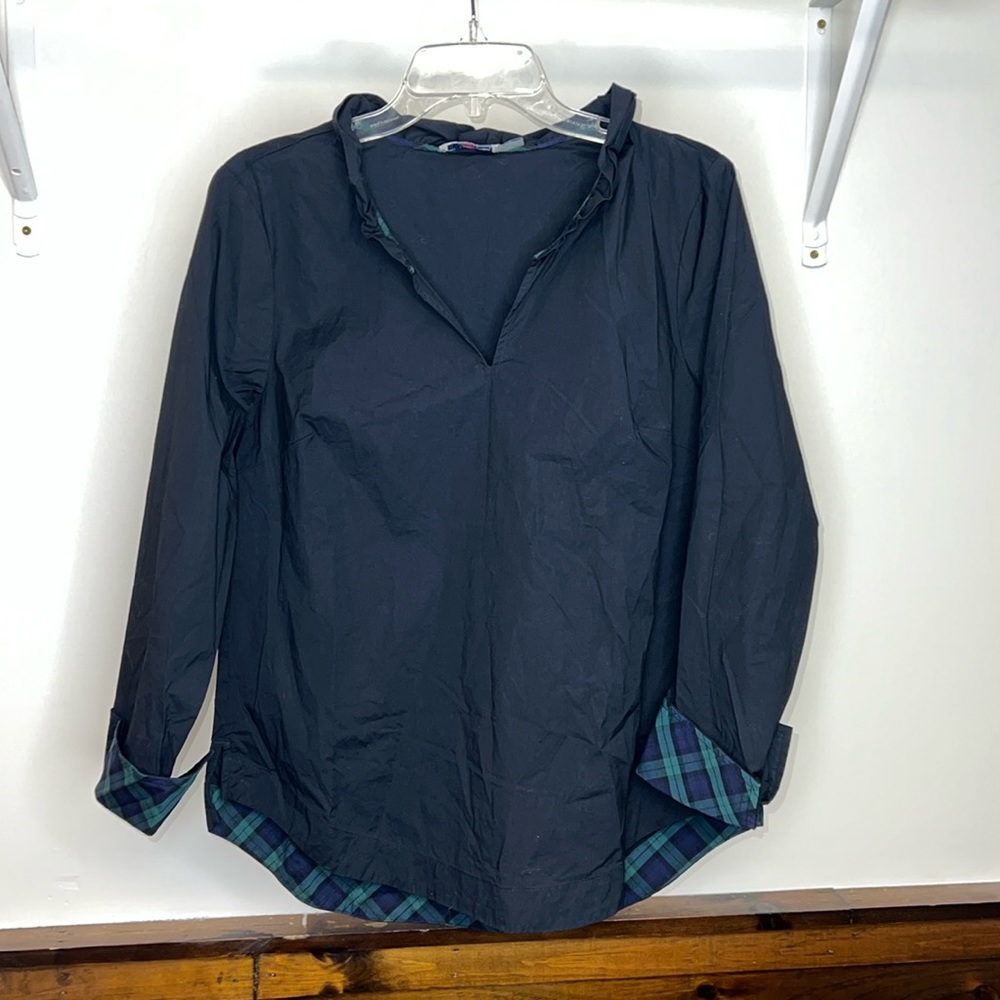Vineyard Vines Black‎ V-Neck Top w/ Plaid Detailing and 3/4 Sleeve- M